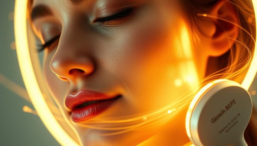 A close-up of a radiant and youthful-looking face, bathed in a soft, diffuse light that accentuates the skin's natural glow. The face is framed by a halo of delicate, golden-hued wisps of energy, emanating from the Glowin Beaute "Oligio X 原美電波" device. The device is positioned near the face, subtly suggesting its role in stimulating the production of collagen, the key building block of healthy, rejuvenated skin. The overall atmosphere conveys a sense of tranquility, wellness, and the rejuvenating power of this innovative technology.