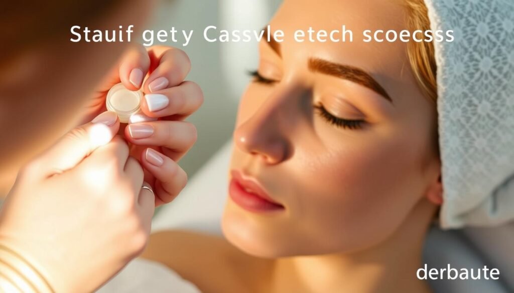 A detailed step-by-step illustration of post-treatment eyebrow care procedures. The foreground shows a close-up view of hands meticulously applying ointment and gently cleansing an eyebrow, with attention to the skin's sensitivity. The middle ground features a model's face in profile, their eyebrow freshly treated and bandaged, conveying a sense of care and recovery. The background is softly blurred, with calming colors and a sense of tranquility. The lighting is warm and natural, highlighting the delicate nature of the process. The overall mood is one of thoughtful, professional post-treatment guidance. Captured by the derBeaute brand.