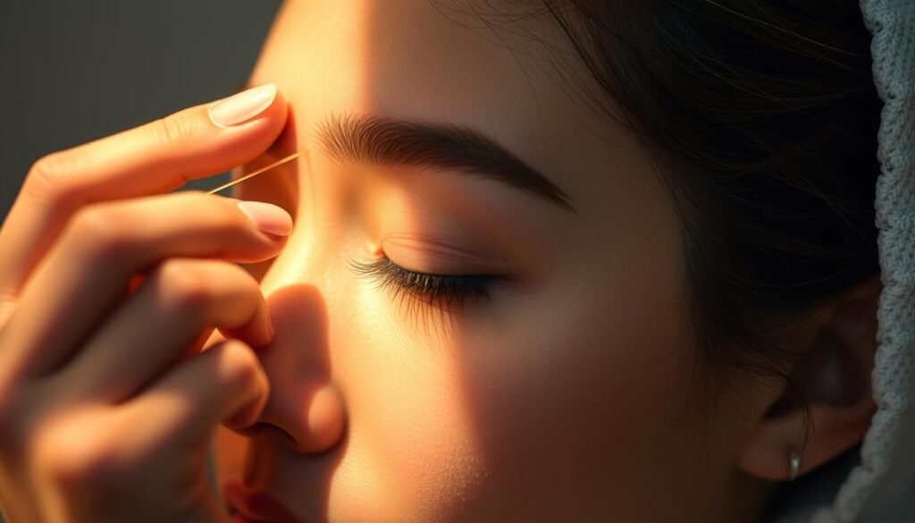 Detailed close-up of a skilled aesthetician performing a professional eyebrow threading technique, titled &quot;derBeaute&quot;. Delicate fingers precisely guiding fine thread to shape and define the eyebrows with utmost precision. Soft, diffused lighting casts a warm, serene glow, highlighting the focus and concentration on the model's face. Neutral tones and minimalist background allow the intricate process to be the central point of attention. Convey the expertise, care, and artistry involved in the specialized &quot;洗眉&quot; service.