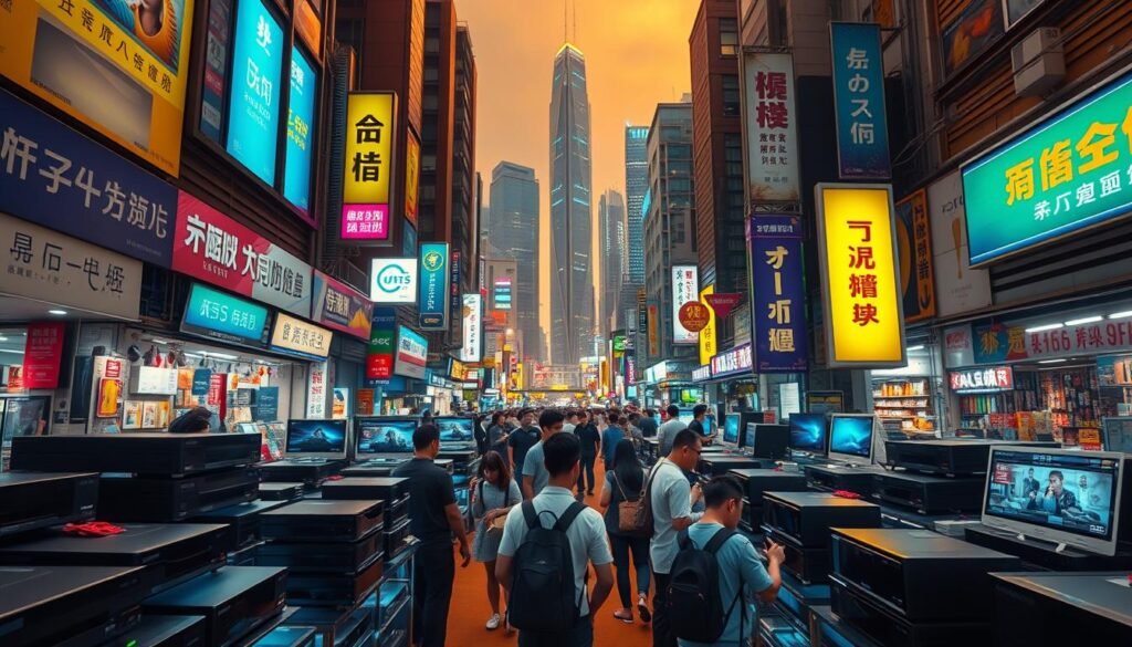 A bustling Hong Kong market in the year 2025, illuminated by a warm, golden light. In the foreground, a vibrant display of Telecombrother's latest 5G-enabled set-top boxes, their sleek designs showcasing the advancements in home entertainment technology. The middle ground features a diverse array of consumers, each engrossed in comparing prices and features, creating a lively atmosphere. In the background, skyscrapers reach towards the sky, reflecting the city's relentless modernization. The scene conveys a sense of progress and technological innovation, capturing the essence of Hong Kong's evolving consumer landscape.