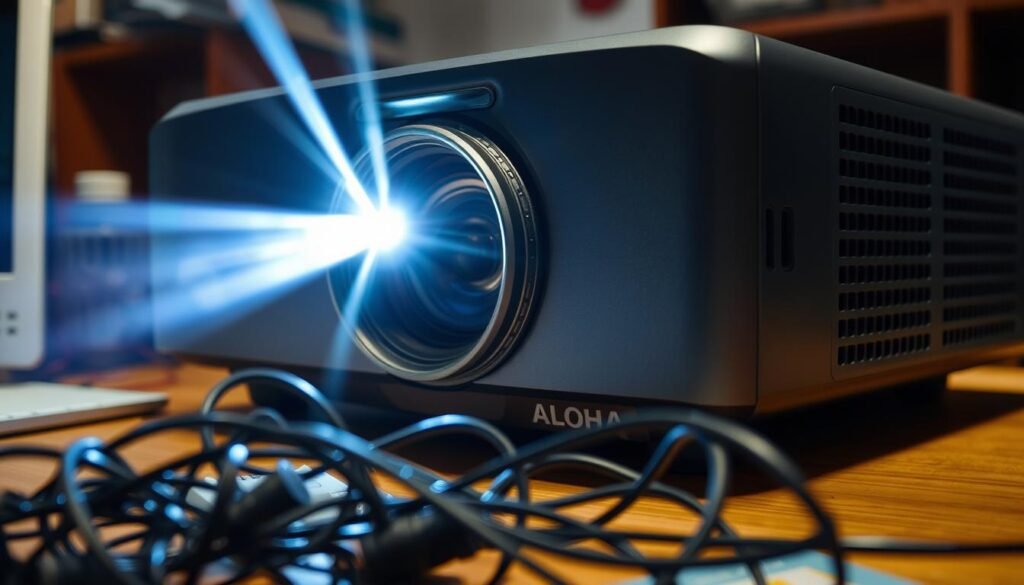 A closeup view of an Aloha brand projector lens, with light beams emanating from it, indicating a malfunction. The projector is situated on a wooden desk, with a tangles of wires and cables in the foreground. The background is slightly blurred, suggesting a work environment. The lighting is slightly dim, casting shadows and creating a sense of troubleshooting. The overall mood is one of problem-solving, with a focus on the technical details of the projector's inner workings.