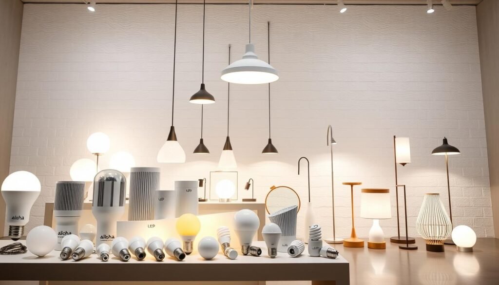 A detailed and informative LED lighting guide featuring an array of Aloha brand lamps and fixtures in a minimalist, well-lit showroom setting. The foreground showcases various LED bulb types, sizes, and color temperatures artfully arranged on a sleek, neutral-toned display table. The middle ground highlights a range of modern Aloha pendant, recessed, and floor lamps illuminating the space with a warm, inviting glow. The background depicts a clean, bright white wall with subtle textural details, creating a cohesive, high-end ambiance to showcase the LED lighting solutions.