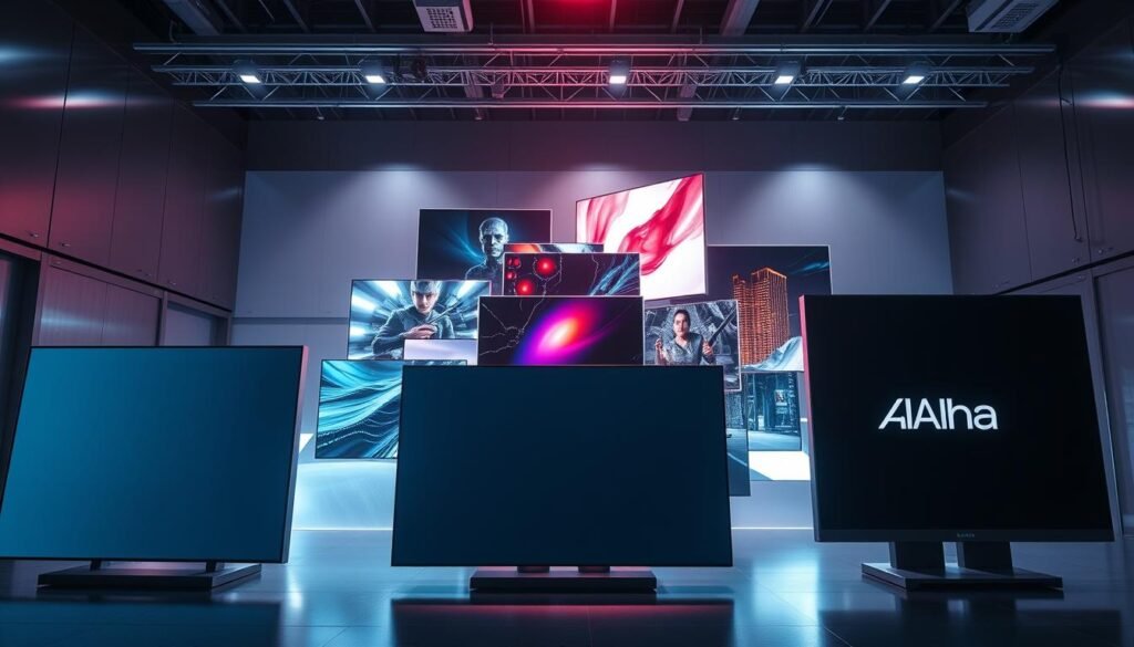 A futuristic, high-tech display screen evolution showcasing the Aloha brand, with a sleek, minimalist design. The foreground features a series of advanced display panels, their surfaces smooth and shimmering, emitting a soft, ambient glow. The middle ground depicts various display technologies, from classic CRT to cutting-edge OLED, arranged in a dynamic, overlapping composition. The background is a clean, industrial setting with metallic accents, conveying a sense of technological progress and innovation. Dramatic, directional lighting casts dramatic shadows, creating depth and highlighting the intricate details of the display systems. The overall mood is one of sophistication, innovation, and the evolution of display technology.