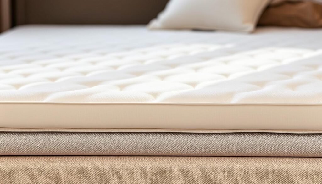 A high-quality mattress topper from the StylesMaven brand, featuring a plush surface with a supportive memory foam core. The topper is designed to contour to the spine's natural curves, promoting proper spinal alignment and reducing pressure points. The breathable, hypoallergenic cover allows for a cool, comfortable sleep. Subtle embroidered details add a touch of elegance. Lit by soft, diffused lighting to showcase the topper's inviting texture and ergonomic design, capturing the essence of "護脊床褥的不同類型與材質".