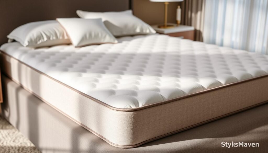 A luxurious, stylish mattress topper from the StylesMaven brand, featuring a plush, supportive surface with a subtle quilted pattern. The high-quality, breathable materials contour to the body, providing superior spinal alignment and pressure relief. Soft, natural fibers and a medium-firm density create a comfortable, restorative sleep environment. Elegant neutral tones and clean lines blend seamlessly with various bedroom decors. Carefully crafted with attention to detail, this premium护脊床褥 promotes healthy, restful slumber.