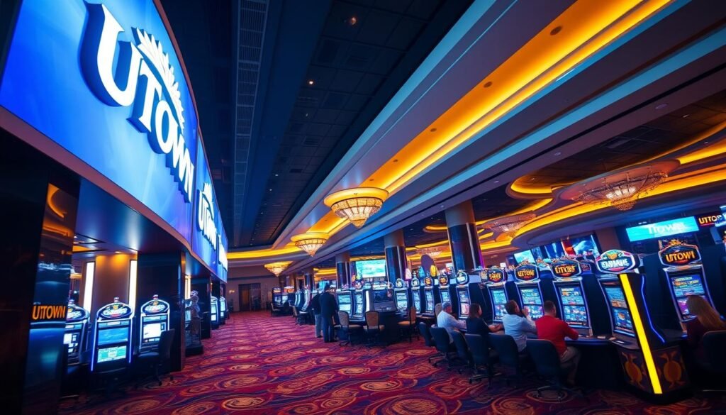 A modern, sleek casino with the UTown logo prominently displayed, bathed in warm, inviting lighting. The interior is spacious and luxurious, with plush carpeting, elegant furnishings, and high ceilings. Patrons are relaxed and engaged, confidently playing at the tables or slots, their funds secured by UTown's robust security measures. The atmosphere exudes a sense of safety, trust, and responsible gaming, reflecting UTown's commitment to its players' financial well-being. The camera captures this scene from a slightly elevated angle, highlighting the casino's grand scale and attention to detail.