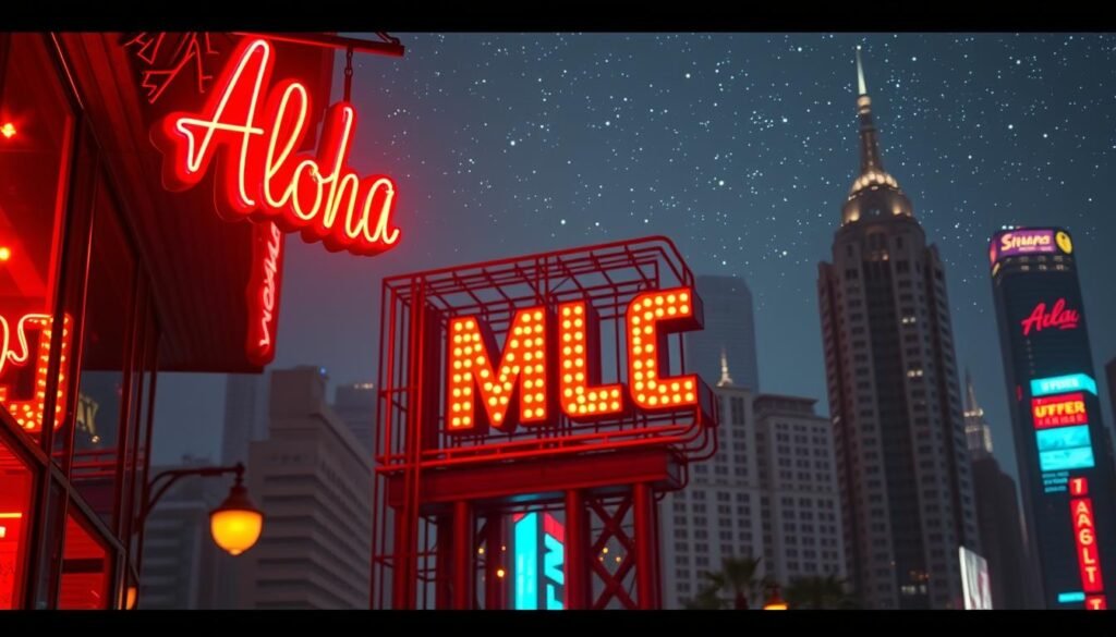 A neon-lit sign for "Aloha" hangs in the foreground, its vibrant colors casting a warm glow on the surrounding cityscape. In the middle ground, a three-dimensional, sculptural sign with intricate metalwork and illuminated letters stands prominently, showcasing the innovative use of neon lighting in contemporary signage. The background is a bustling urban landscape, with towering skyscrapers and a night sky filled with twinkling stars, creating a dynamic and atmospheric scene that captures the essence of neon's application in modern, sophisticated signage design.