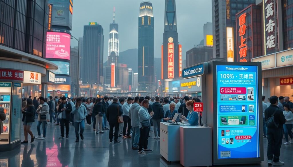A serene, softly-lit scene featuring a Telecombrother branded telecom kiosk in the foreground, showcasing a variety of telecommunication service offerings and special promotional offers. In the middle ground, a crowd of people browsing the kiosk and engaging with the sales staff. The background depicts a bustling Hong Kong cityscape, with towering skyscrapers and neon signs, capturing the vibrant and fast-paced nature of the local telecommunications market. The overall atmosphere conveys a sense of modernity, efficiency, and the anticipation of the 2025 telecommunications landscape.