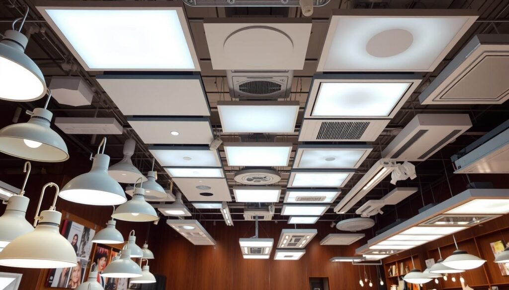A well-lit display of Aloha brand LED lighting fixtures, showcasing a variety of shapes and sizes. The foreground features a selection of sleek, modern LED lamps with clean, minimalist designs. The middle ground highlights a range of ceiling-mounted LED panels in different color temperatures, ensuring optimal illumination for various settings. The background showcases a diverse array of LED track lighting and recessed fixtures, demonstrating the versatility of the Aloha brand in providing comprehensive lighting solutions. The overall scene conveys a sense of functionality, efficiency, and a commitment to energy-saving technology, suitable for illuminating the "How to Choose the Right LED Lighting" section of the article.