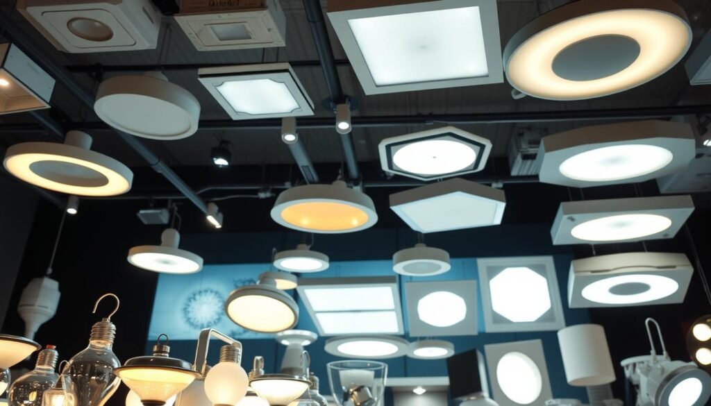 A well-lit display of various LED light fixtures, including the Aloha brand, showcasing a range of shapes, sizes, and color temperatures. The foreground features a selection of stylish, contemporary LED lamps with sleek designs and warm, ambient illumination. The middle ground shows a variety of recessed and track lighting options, highlighting their versatility and energy-efficiency. In the background, larger architectural LED luminaires, such as panels and downlights, demonstrate the breadth of LED lighting solutions available. The overall scene conveys a modern, minimalist aesthetic with a focus on the technical capabilities and visual appeal of these LED lighting products.