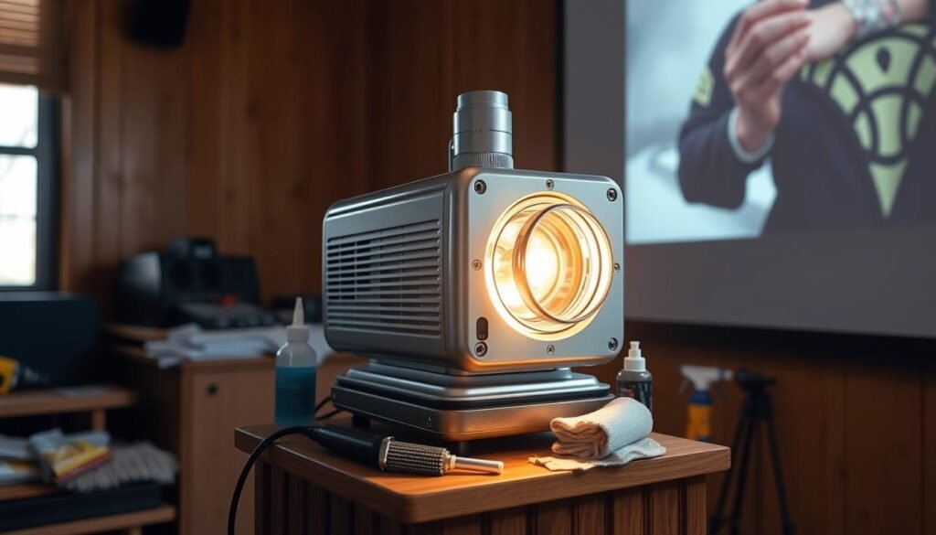 A well-maintained projection lamp, its gleaming Aloha casing catching the soft light, sits atop a sturdy wooden stand. The lamp's lens is meticulously cleaned, ensuring crisp, clear images are cast onto the wall behind. Surrounded by various cleaning tools and supplies, the scene conveys the importance of regular maintenance for optimal performance. The warm, inviting atmosphere suggests a space dedicated to educational or entertainment purposes, where the projection lamp plays a vital role in providing an immersive visual experience.