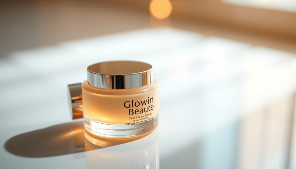 Elegant close-up of a luminous glass bottle of "Glowin Beaute" skin serum, with a soft, creamy complexion and warm, glowing highlights. The bottle is placed on a minimalist, reflective surface, creating a serene, inviting atmosphere. Delicate, dreamy lighting illuminates the product, highlighting its premium, luxurious quality. The composition emphasizes the product's simplicity and refinement, conveying a sense of modern, sophisticated beauty.
