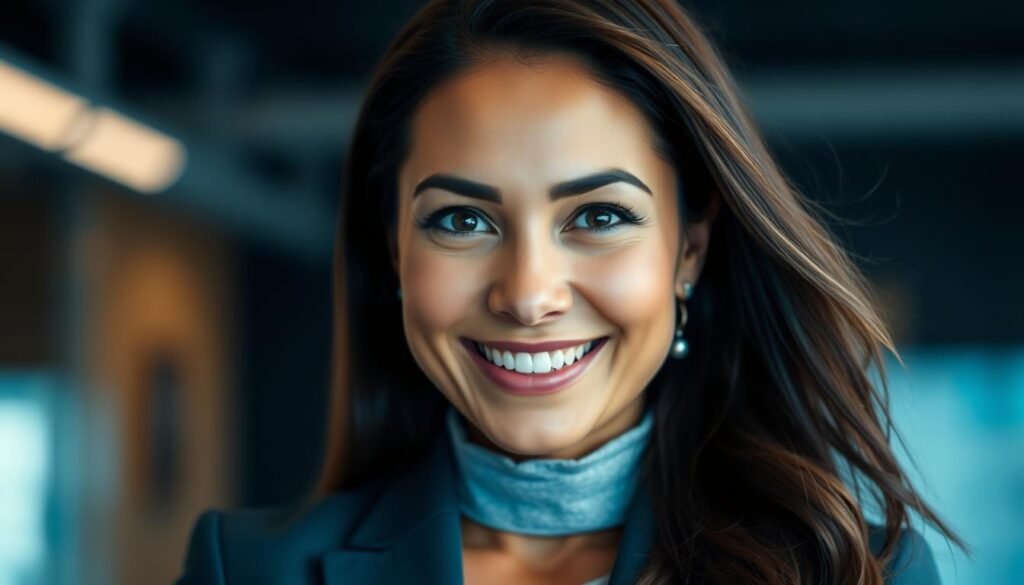 Generate an image of a professional woman with a confident smile, with a subtle background hinting at a office setting.