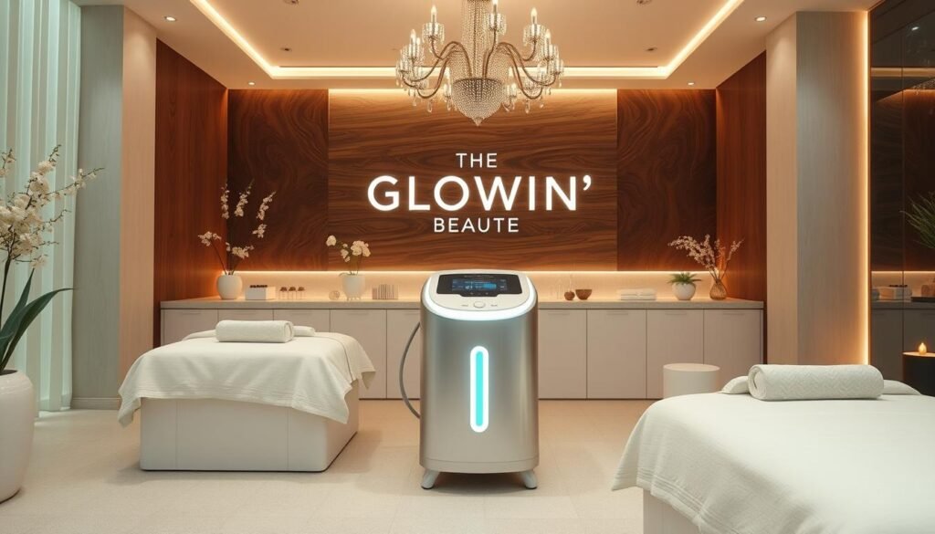 Generate an image of a serene and professional spa environment at GLOWIN' Beaute, featuring the Oligio X 原美電波 equipment.