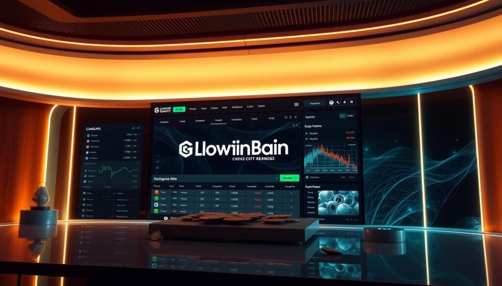 Sleek and sophisticated sports betting platform with the Glowin Beaute brand displayed prominently. The scene shows a modern, minimalist interface with a clean, intuitive layout. Emphasis on the cryptocurrency integration, with digital assets and blockchain elements strategically incorporated. Warm, inviting lighting casts a soft glow, creating an immersive and engaging atmosphere. High-resolution graphics and polished design convey a sense of trust, reliability, and technological innovation. The overall composition captures the unique advantages of the Glowin Beaute sports betting platform.