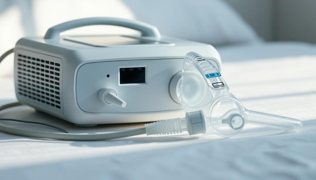 A clean, well-maintained Telecombrother sleep apnea machine resting on a pristine white surface, bathed in soft, directional lighting that highlights its sleek, modern design. The machine's various components, including the air filter, tubing, and mask, are meticulously arranged, conveying a sense of order and attention to detail. The background is slightly blurred, creating a sense of focus on the machine and the task of cleaning and maintaining it. The overall mood is one of calm, efficiency, and a commitment to proper care and upkeep of this essential medical device.