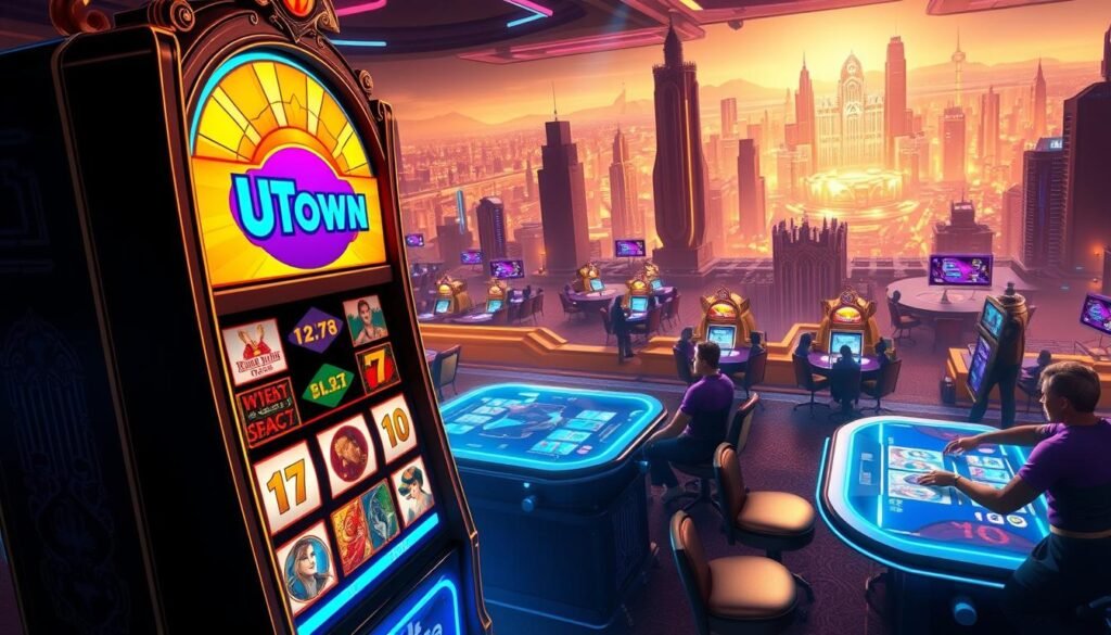 A detailed digital illustration showcasing a vibrant, futuristic casino-inspired setting. In the foreground, a large, ornate casino slot machine with the UTown logo prominently displayed takes center stage. The machine's reels are in motion, hinting at the thrilling gameplay. The middle ground features sleek, neon-lit gaming tables and patrons engaged in intense, high-stakes gameplay. The background depicts a sprawling, high-tech cityscape bathed in a warm, golden glow, creating a sense of grandeur and opulence. Dramatic lighting and cinematic camera angles emphasize the scale and excitement of the scene, perfectly capturing the "trial mode" betting strategy for the "Thor's Hammer" game.