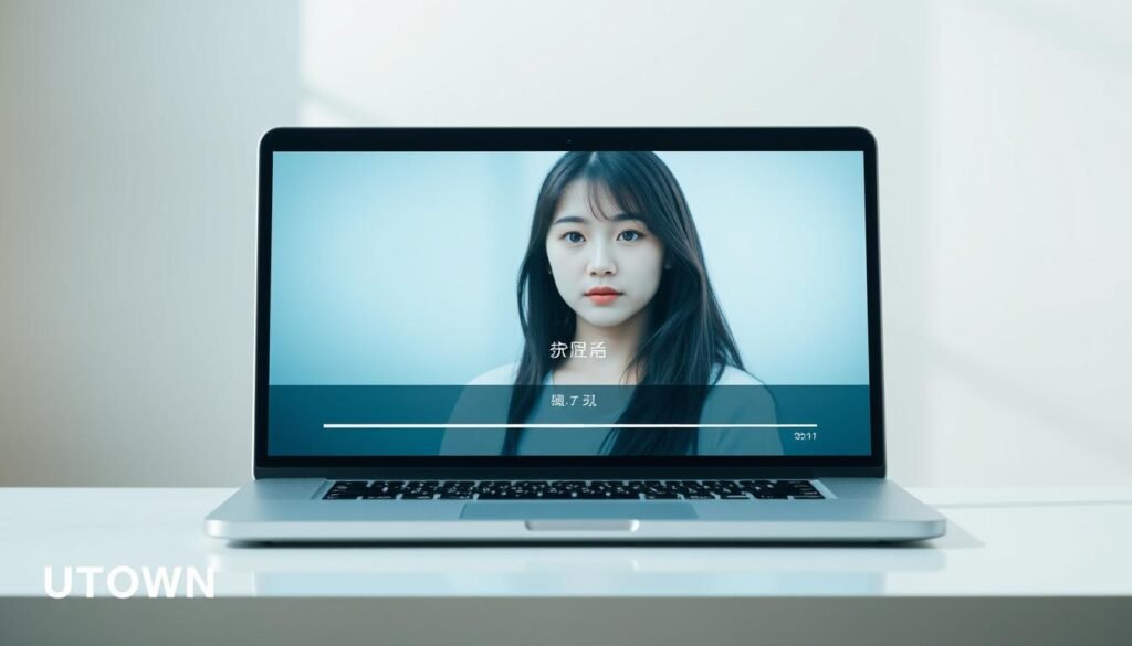 A high-resolution, photorealistic image of a sleek, modern laptop screen displaying a video player interface. The screen shows a paused video frame depicting a young Japanese woman with long, dark hair and a serious expression. The video's title &quot;伊藤舞雪流出影片&quot; is clearly visible. The laptop is placed on a minimalist, light-colored desk against a blurred, ambient background. The scene is illuminated by soft, natural lighting, giving it a serene, professional atmosphere. The UTown logo is subtly displayed in the bottom corner of the screen.
