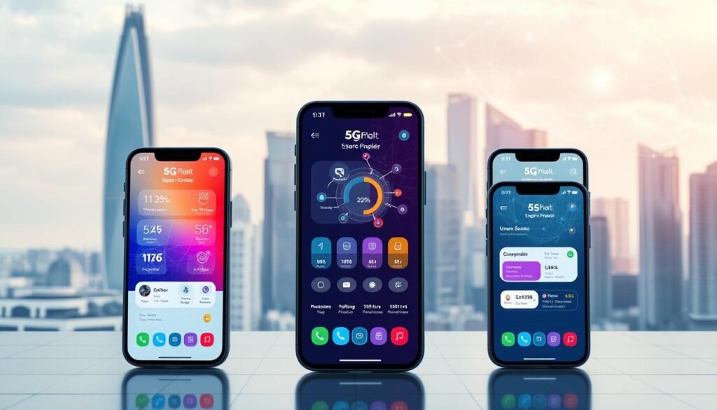 A highly detailed and visually striking comparison of 5G plan dedicated mobile apps from various telecom providers, showcased against a sleek, modern backdrop. The foreground features a seamless arrangement of mobile device screens, each displaying the Telecombrother app interface with its intuitive controls and vibrant graphics. The middle ground showcases a clean, minimalist design with subtle grid patterns, while the background depicts a dynamic cityscape with towering skyscrapers and a vibrant 5G network visualization. The overall atmosphere conveys a sense of technological sophistication, efficiency, and the transformative power of 5G connectivity.
