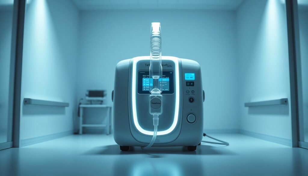 A highly detailed, hyper-realistic image of a Telecombrother sleep apnea machine in a clinical, sterile environment. The device is front and center, illuminated by bright, directional lighting that casts subtle shadows and highlights its sleek, modern design. The machine is surrounded by a minimalist, white background, creating a sense of focus and clarity. The image captures the technical, medical nature of the device, conveying its purpose and functionality to help users breathe more easily during sleep.