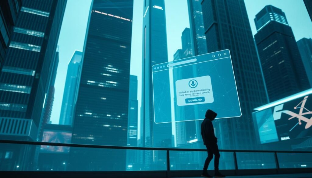 A modern, futuristic cityscape with a sleek, minimalist aesthetic. In the foreground, a large holographic display shows a web browser window with an ominous-looking download button and a suspicious-looking pop-up. In the middle ground, a shadowy figure in a dark hoodie lurks, observing the scene. In the background, the towering skyscrapers of UTown, a high-tech metropolis, create a sense of scale and immersion. The lighting is cool and subdued, creating an atmosphere of unease and tension. The camera angle is slightly low, adding a sense of vulnerability and threat.