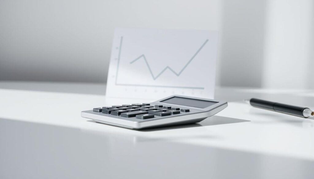 A modern, minimalist image showcasing a personal loan interest rate calculation. In the foreground, a sleek, silver calculator sits atop a clean, white desk, reflecting the surrounding light. Behind it, a minimalist graph or chart appears, displaying a simple visualization of the calculation formula. The background is a neutral, soft-focus gradient, creating a sense of depth and focus on the central elements. The overall mood is one of professionalism, clarity, and financial precision, reflecting the subject matter. The lighting is natural and diffused, creating subtle shadows and highlights that accentuate the clean, contemporary design.