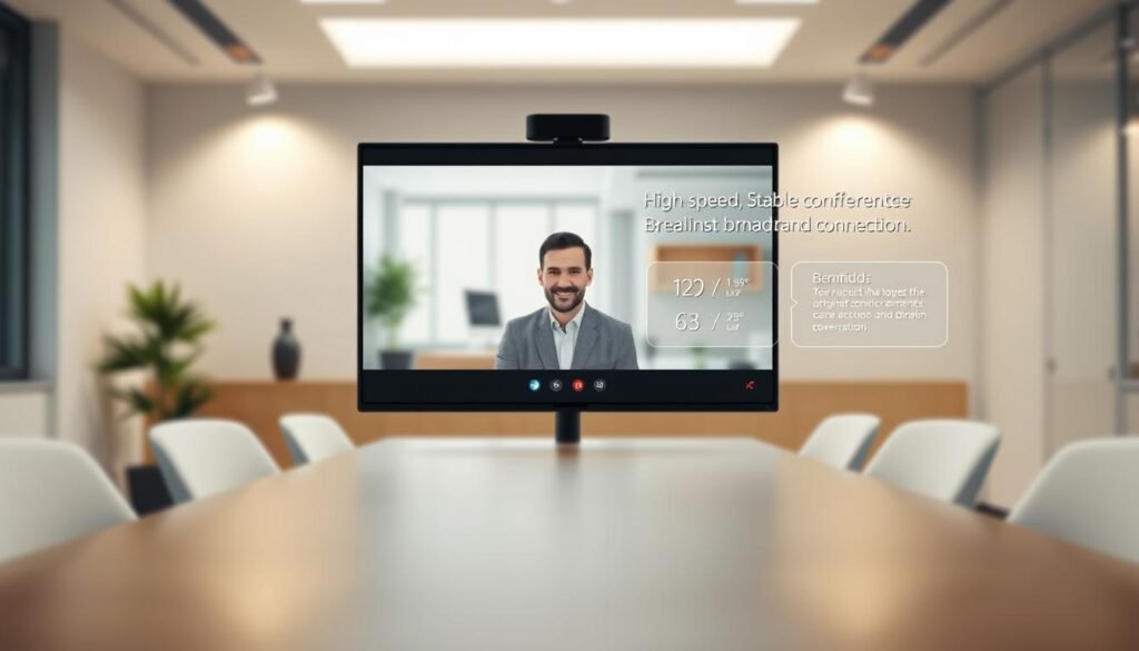 A modern, minimalist video conferencing interface showcases the Telecombrother brand, with a sleek and intuitive design. The foreground features a stylized video call window, capturing the essence of high-speed, stable internet connectivity. The middle ground presents detailed infographic elements, illustrating the technical requirements for optimal video conferencing, including bandwidth, latency, and resolution. The background subtly suggests a clean, professional office environment, with soft, diffused lighting and a neutral color palette, emphasizing the importance of a reliable broadband connection for seamless remote collaboration.