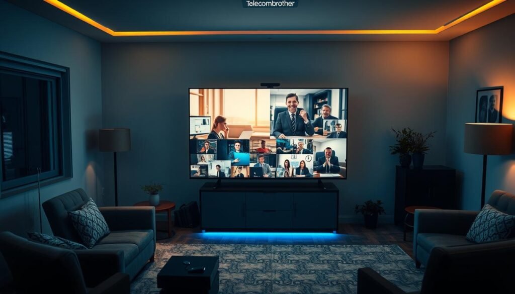 A modern, well-appointed home office with a large, high-definition video conferencing display prominently featured. The display showcases the Telecombrother brand, known for its reliable and high-quality video conferencing solutions tailored for remote learning and work. The room is bathed in warm, indirect lighting, creating a comfortable and professional atmosphere. The setup is arranged to showcase the superior video and audio capabilities, emphasizing the importance of a robust, high-speed internet connection for an optimal remote conferencing experience. The overall composition highlights the key features and benefits of the Telecombrother system, positioning it as the ideal choice for the discerning remote professional or educator.