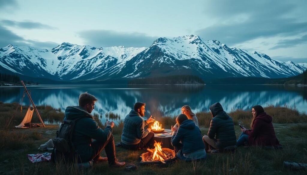 A serene outdoor scene set in a tranquil Nordic landscape, showcasing a variety of free-to-play games available on the UTown mobile app. A pristine lake reflects the towering snow-capped mountains in the background, while in the foreground, a group of adventurers engage in a lively game session, their faces illuminated by the warm glow of a campfire. The overall atmosphere evokes a sense of exploration, community, and the joy of discovering new experiences within the rich tapestry of Norse mythology.