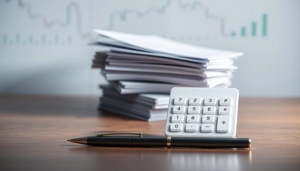 A sleek, modern image showcasing the key elements of personal loan interest rates. In the foreground, a stylized calculator interface displays the mathematical formula for calculating personal loan interest rates, with clean, minimal graphics. In the middle ground, a stack of loan documents and a pen symbolize the loan application process, while a subtle background of financial charts and graphs conveys the broader financial context. The lighting is soft and diffused, creating a professional, trustworthy atmosphere. The composition is balanced and visually appealing, drawing the viewer's attention to the core information about personal loan interest rates.