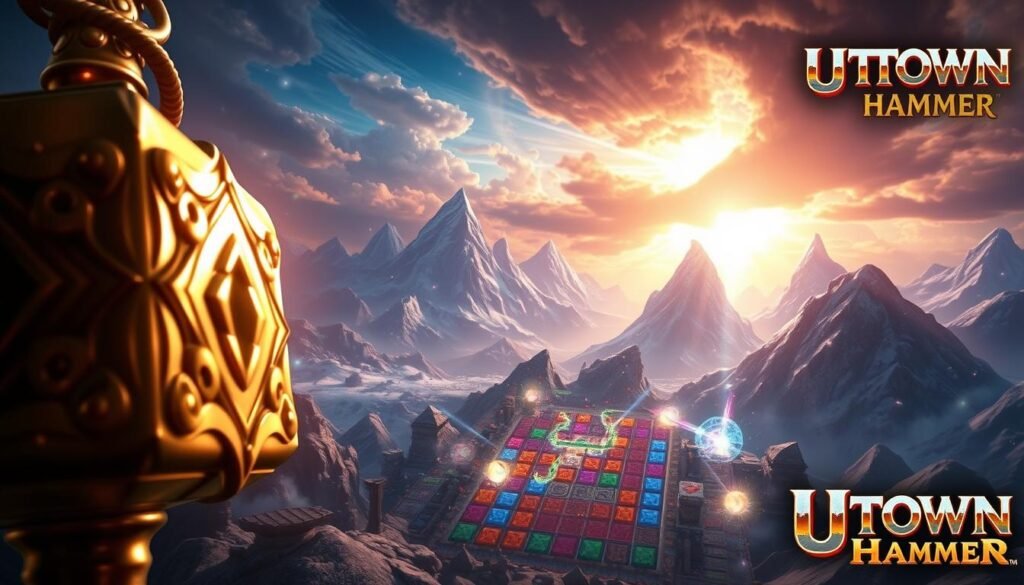 A vibrant and immersive scene of the Norse mythology-inspired mobile game "UTown: Thor's Hammer". In the foreground, the iconic Mjolnir hammer dominates the frame, its intricate details and golden hues gleaming under dramatic lighting. In the middle ground, players engage in a captivating match-3 puzzle gameplay, tiles tumbling and disappearing in a cascading effect. The background showcases the majestic Asgardian landscape, with towering mountains, swirling clouds, and a radiant, otherworldly sky. The overall mood is one of adventure, power, and the mystique of the Norse pantheon, inviting players to dive into this captivating mobile experience.
