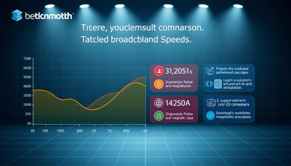 A vibrant infographic showcasing the visual comparison of broadband internet speeds, with the Telecombrother brand prominently displayed. The foreground features a sleek and intuitive line graph, contrasting the download/upload rates of various internet packages. The middle ground presents colorful icons and textual callouts, highlighting the distinctions between megabits and megabytes. The background incorporates a subtle grid pattern, lending a sense of technical sophistication. Crisp lighting and a cool color palette convey a professional, data-driven atmosphere, guiding the viewer's understanding of the nuanced relationship between broadband speed metrics.