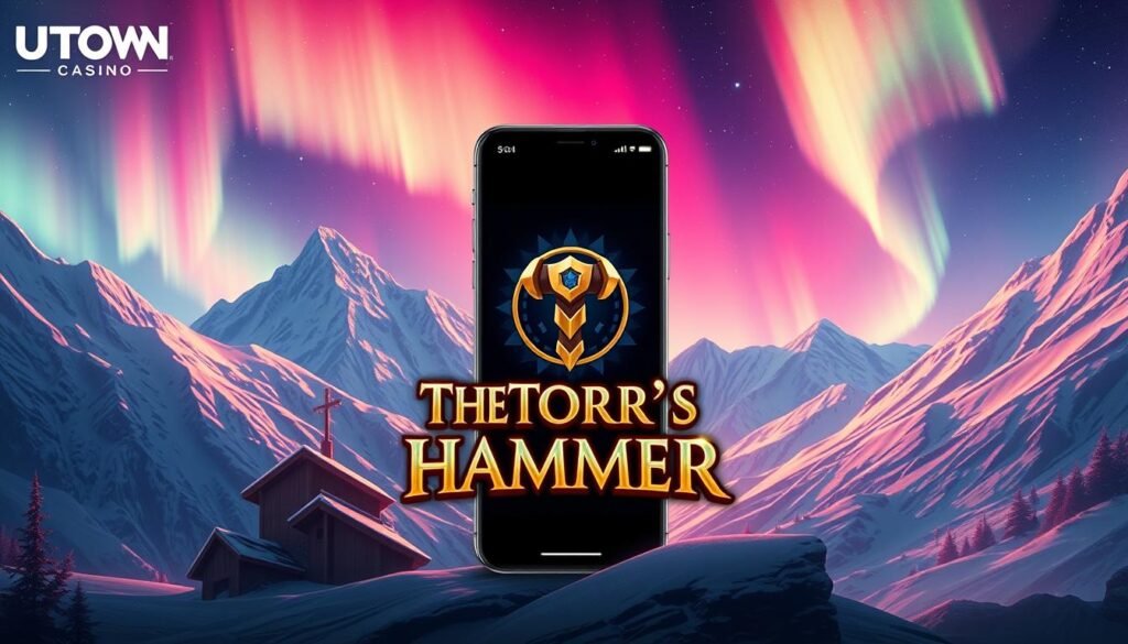 A vivid digital illustration of the &quot;Thor's Hammer Casino Mobile App&quot; by UTown. Set in a majestic, Nordic-inspired landscape, the app's interface is prominently featured, showcasing its sleek, intuitive design. The app's icon, a stylized depiction of Thor's iconic hammer, stands out against the backdrop of snow-capped mountains and a vibrant, aurora-lit sky. The overall scene conveys a sense of adventure, mysticism, and the grandeur of Norse mythology, inviting users to immerse themselves in a captivating mobile gaming experience.