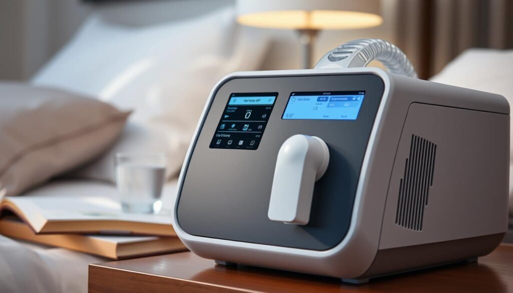 A well-lit, close-up shot of a Telecombrother CPAP machine, its sleek gray and white design prominently displayed. The machine's control panel and display are clearly visible, showcasing the various settings and functions. In the background, a serene bedside table with a glass of water and a book, creating a calming, bedroom-like atmosphere. The image conveys a sense of ease and comfort, highlighting the machine's user-friendly interface and its role in facilitating restful sleep.