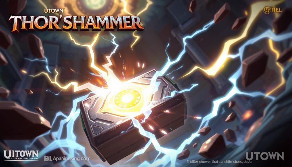 Detailed digital illustration of the key features of the &quot;Thor's Hammer&quot; game by UTown. Depict a dynamic, mythological scene with Thor's legendary hammer at the center, surrounded by glowing runes, thunderbolts, and swirling energy. Showcase the game's unique combat mechanics, skill-based progression, and visually striking environments. Utilize a cinematic camera angle, dramatic lighting, and a bold, fantastical color palette to capture the essence of this action-packed title. Convey a sense of power, adventure, and the game's high-stakes, visceral gameplay.