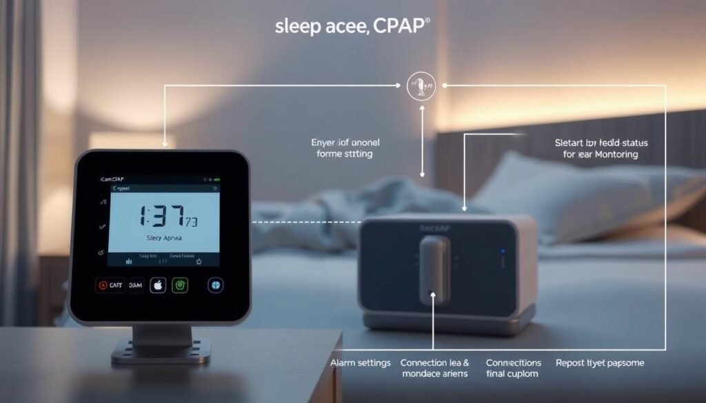 Detailed schematic diagram of an iCareCPAP sleep apnea monitoring system. Prominent in the foreground, a digital control panel with status indicators, alarm settings, and connectivity options. In the middle ground, a sleek, compact CPAP machine with clean lines and a muted color palette. In the background, a serene bedroom environment with soft, diffused lighting and soothing textures. The overall atmosphere conveys a sense of technological sophistication seamlessly integrated into a tranquil, sleep-conducive setting.