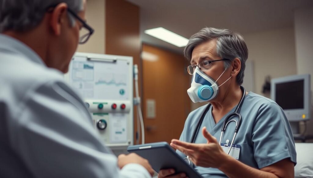 Generate an image of a person consulting a healthcare professional about a respirator alert.