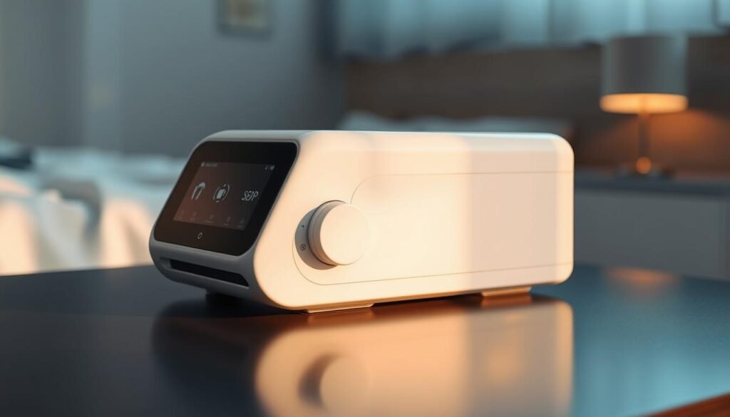 A close-up view of a sleek, modern iCareCPAP sleep apnea machine. The device has a smooth, minimalist design with a large display panel and intuitive controls. It sits atop a dark, polished surface, casting soft shadows that create depth and dimension. The machine's matte white casing is accentuated by warm, diffused lighting, conveying a sense of medical precision and technological sophistication. In the background, a blurred, calming scene of a bedroom or medical setting provides context, emphasizing the machine's purpose in treating sleep disorders. The overall composition is clean, well-balanced, and showcases the iCareCPAP's key features and functionality.