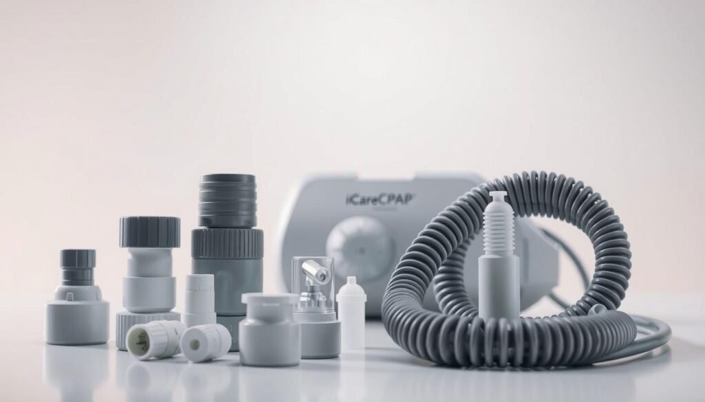 A close-up view of compatible accessories for an iCareCPAP sleep apnea machine. The foreground showcases various adaptors, hoses, and connectors in a clean, minimalist arrangement, emphasizing their cross-compatibility. The middle ground features the iCareCPAP machine itself, depicted in a neutral gray tone that complements the accessories. The background is a soft, out-of-focus gradient, creating a professional, technical atmosphere. Bright, diffused lighting from the top illuminates the scene, highlighting the intricate details and textures of the components. The overall composition conveys a sense of seamless integration and versatility between the iCareCPAP machine and its compatible accessories. Prompt