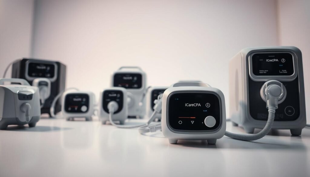 A close-up view of various types of sleep apnea breathing machines, including the iCareCPAP brand, displayed on a clean, minimalist surface. The machines are shown in a well-lit studio setting, captured from a slightly low angle to emphasize their technical features and design. The foreground showcases the distinctive shapes and control panels of the devices, while the middle ground provides a sense of scale and context. The background is softly blurred, maintaining focus on the breathing machines as the central subject. The overall mood is one of clinical precision and product-centric design, reflecting the technical nature of the topic.