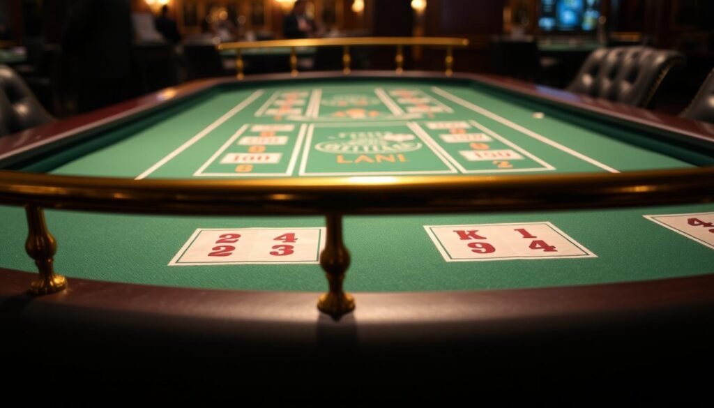 A detailed, elegant close-up view of a Baccarat game table in a sophisticated casino setting. The green felt surface is crisp and well-maintained, with clearly marked areas for player and banker bets. Ornate brass railings and a subtle lighting scheme create a refined, inviting atmosphere. The table is flanked by plush leather chairs, hinting at the high-stakes nature of the game. The overall composition suggests an exclusive, high-class experience, capturing the essence of the classic casino environment.