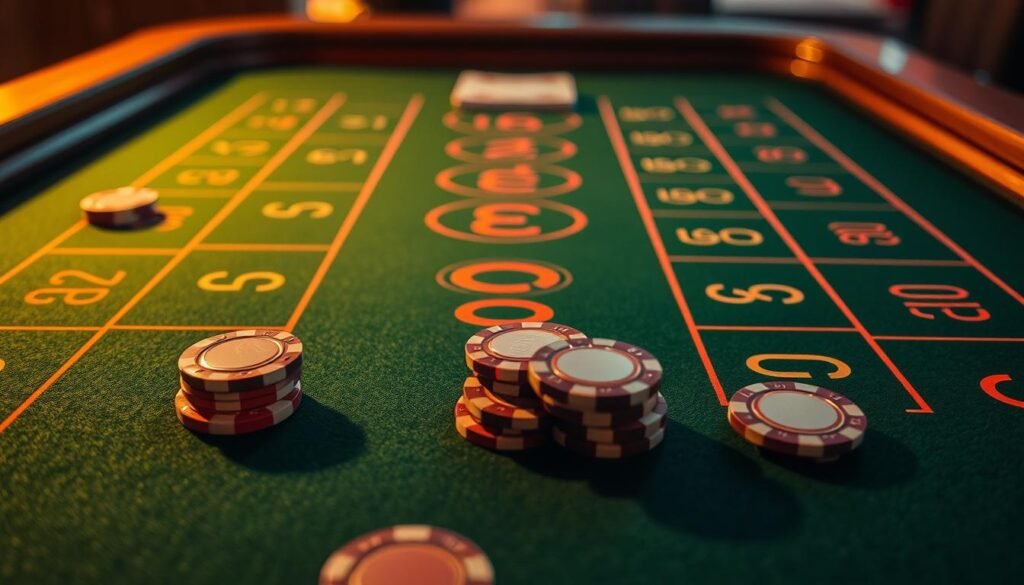 A meticulously detailed close-up view of a baccarat game board, illuminated by warm, diffused lighting. The layout is precisely depicted, with clear delineation of the player, banker, and tie betting areas. The green felt surface is tactile and inviting, complemented by the polished, wood-grained edges of the table. Strategically placed chips in various denominations suggest an in-depth analysis of gameplay. The composition draws the viewer's eye towards the center, hinting at the complex decision-making process involved in baccarat strategy.