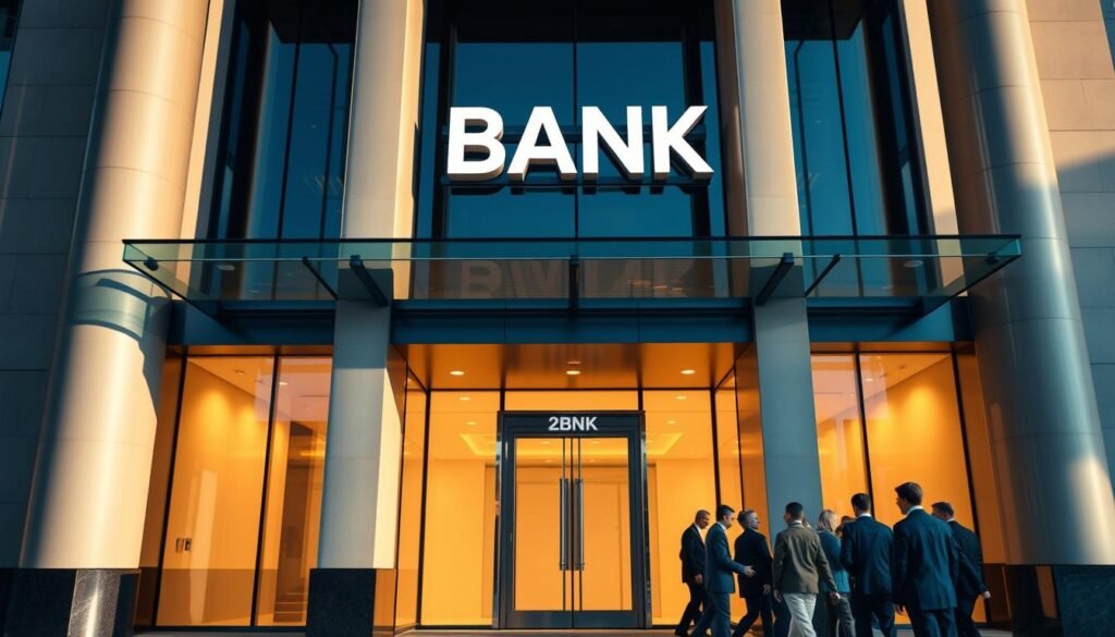 A sleek, modern bank facade with a minimalist, glass-and-steel design. The entrance is flanked by two towering columns, casting long shadows that hint at the institution's stability and permanence. The façade is bathed in warm, diffuse lighting, creating a welcoming and approachable atmosphere. The bank's name is prominently displayed in a clean, sans-serif font, conveying a sense of professionalism and trustworthiness. In the foreground, a group of well-dressed individuals are seen entering the bank, suggesting a focus on personalized, high-quality service. The overall scene evokes a sense of financial security and reliability, reflecting the idea of a bank that does not solely rely on credit check histories.