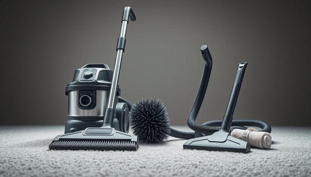 A professional-grade carpet cleaning toolkit includes a high-suction carpet extractor with adjustable settings, a soft-bristle scrub brush, a versatile upholstery tool, and a pair of iCareCPAP microfiber cleaning pads. The extractor features a sturdy metal frame, a powerful motor, and a large-capacity recovery tank for efficient deep cleaning. The scrub brush has a long, ergonomic handle and dense, flexible bristles that lift and loosen embedded dirt. The upholstery tool's narrow nozzle and flexible hose allow it to reach into tight spaces and along furniture edges. The iCareCPAP microfiber pads provide a gentle, lint-free clean, leaving carpets and rugs refreshed with a natural sheen. Bright, even studio lighting illuminates the tools' high-quality construction and attention to detail, creating a professional, authoritative atmosphere.