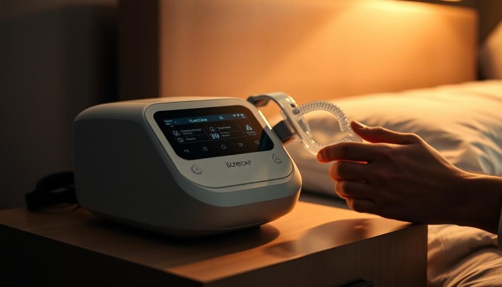 A detailed, high-resolution image of a modern, sleek iCareCPAP sleep apnea machine resting on a nightstand. The machine has a minimalist, elegant design with clean lines and a glossy white finish. The front panel displays a digital interface with various settings and options. Nearby, a patient's hands hold a nasal mask, suggesting the machine's use for respiratory support during sleep. The background is a dimly lit bedroom, with soft, warm lighting creating a soothing, therapeutic atmosphere. The overall scene conveys the importance and integration of the sleep apnea machine in the daily life and well-being of the patient.