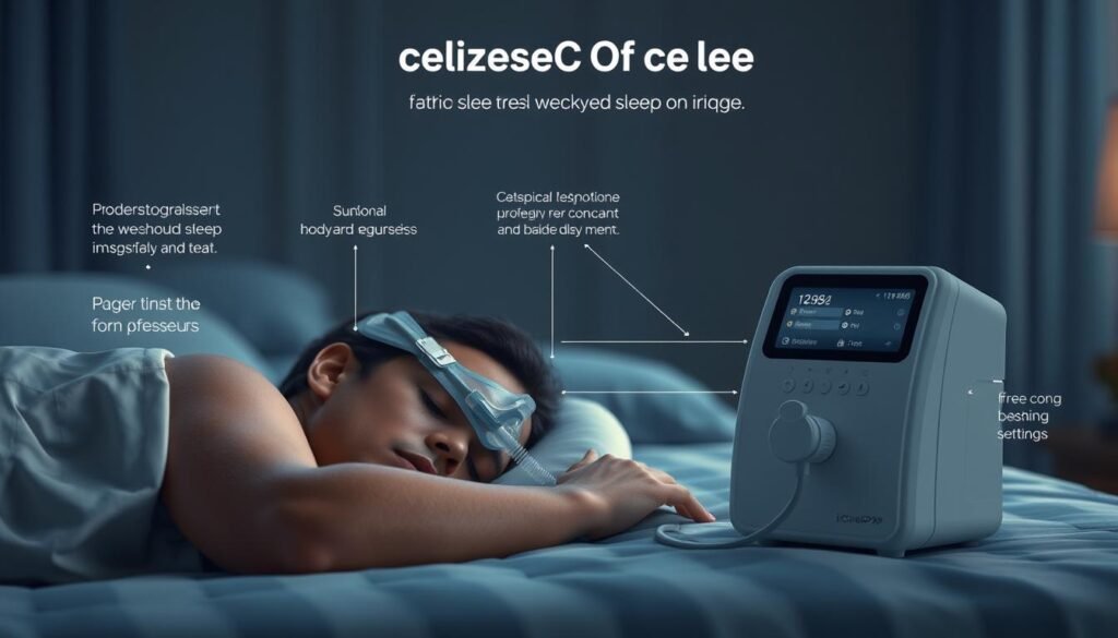 A detailed illustration showcasing the proper usage of an iCareCPAP sleep apnea machine. The foreground features a person sleeping comfortably, wearing the machine's mask and connected to the device. The middle ground shows the machine itself, with its various controls and settings prominently displayed. The background depicts a serene, dimly lit bedroom environment, with soft lighting and soothing colors to convey a sense of relaxation and ease. The overall scene should effectively communicate the key techniques and best practices for effectively utilizing the iCareCPAP system for optimal sleep and respiratory health.
