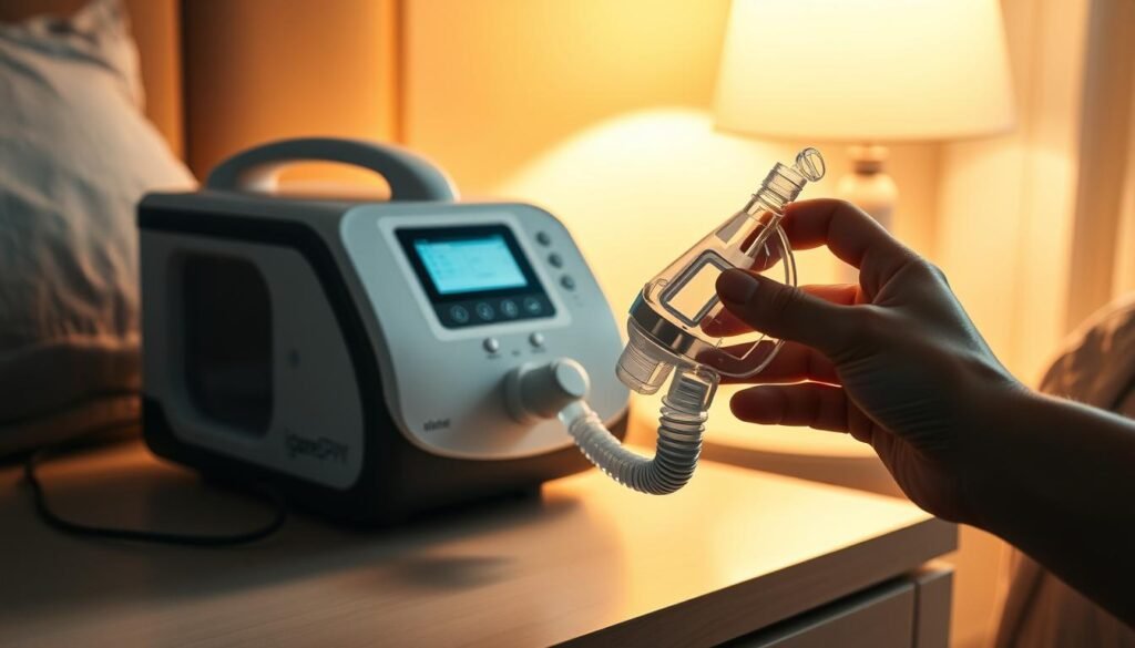 A high-quality medical device, an iCareCPAP sleep apnea machine rests on a bedside table, illuminated by warm, soft lighting. The machine is sleek and modern, with a display panel and various controls. In the foreground, a patient's hand holds the breathing mask, ready to be used for a restful night's sleep. The background features a soothing, neutral-toned bedroom setting, creating a calming and supportive environment for the sleep apnea patient. The image conveys the importance of social support and the essential role that this specialized medical equipment plays in managing sleep-disordered breathing.