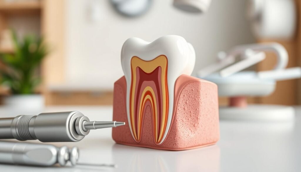 A detailed illustration of root canal treatment techniques, focusing on the anatomy of the tooth, highlighting the root canals and surrounding structures. In the foreground, showcase a dental drill and other treatment instruments, meticulously placed to emphasize their function. The middle layer features a cross-sectional view of a tooth with visible root canals, showcasing the treatment process, including a dental filling, and the surrounding gum tissue. The background should consist of a soft, blurred dental clinic environment to provide context without distraction. Use soft, natural lighting to create an inviting atmosphere, and employ a slight angle for depth. The overall mood should be educational and professional, ideal for a medical article.