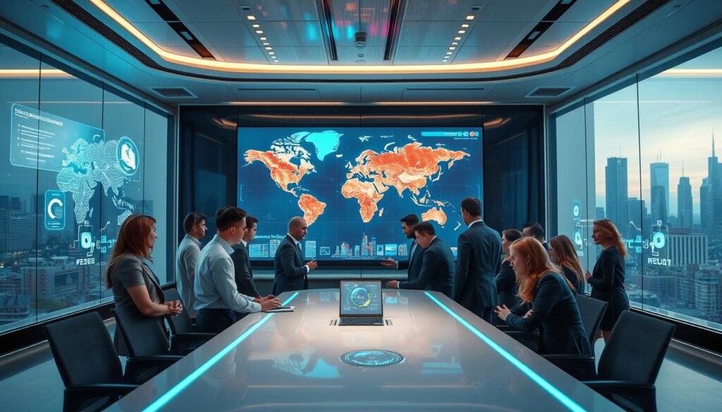 A futuristic office environment showcasing a high-tech communication hub themed around OceanEsim technology. In the foreground, a diverse group of professionals in business attire, engaged in dynamic discussions around a sleek conference table. The middle ground features multiple large digital screens displaying visuals of global connectivity, data flow graphs, and vibrant maps, symbolizing enhanced communication quality. The background includes glass walls with panoramic views of a city skyline, bathed in soft, ambient lighting that conveys a sense of innovation and collaboration. The atmosphere feels vibrant and forward-thinking, emphasizing the advantages of OceanEsim in global communication technology. The camera angle should be slightly elevated, capturing the interaction and the technological atmosphere within the space.