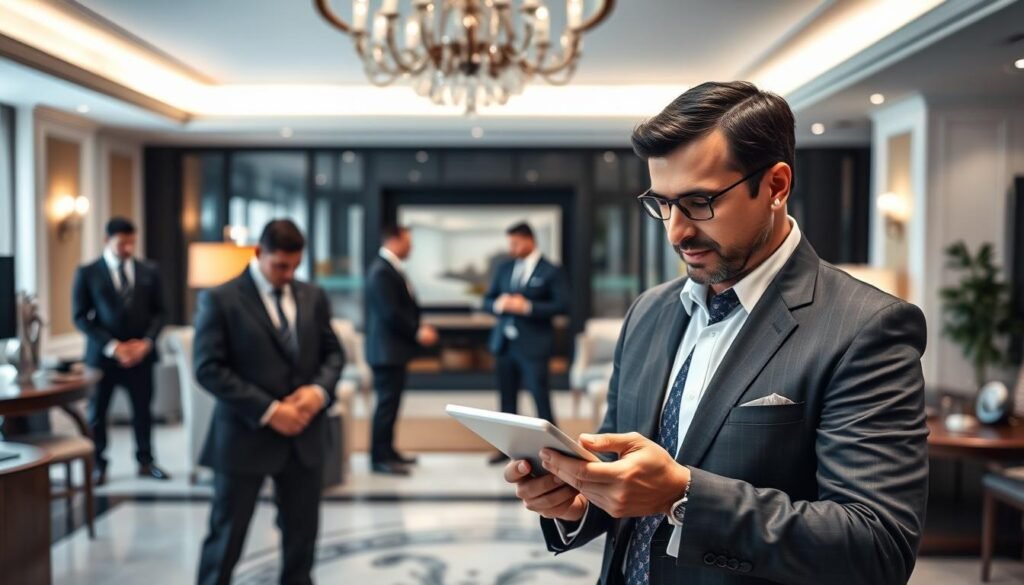 A luxurious and serene setting depicting a high-end office or private estate, where a sophisticated selection process for private bodyguards takes place. In the foreground, a well-dressed individual in a tailored suit, reviewing profiles on a sleek tablet device, exuding an air of authority. The middle ground features several professional security personnel, dressed in formal business attire, engaged in focused discussions, showcasing their skills and expertise. In the background, elegant decor and modern security technology subtly highlight the theme of protection. Soft, ambient lighting creates a polished, professional atmosphere, while a shallow depth of field draws attention to the subjects. The overall mood conveys confidence and professionalism, embodying the essence of selecting the right private bodyguard.